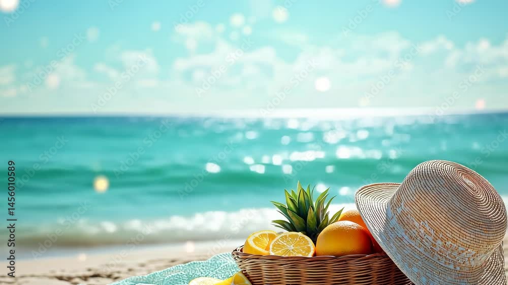 Enjoying a tropical beach picnic with a wicker basket full of fresh fruits and a straw hat in a vibrant coastal setting