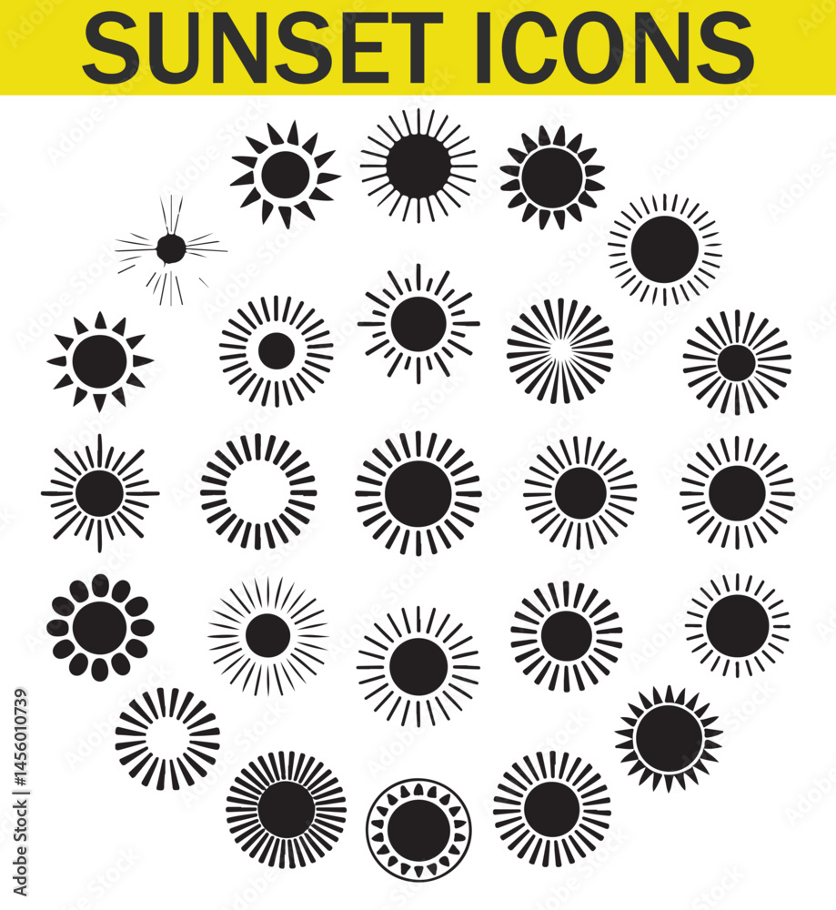 A collection of various black and white sun designs with unique silhouettes, representing different sun illustrations in a minimalist style. A collection of various black and white sun designs with unique silhouettes, representing different sun illustrations in a minimalist style.