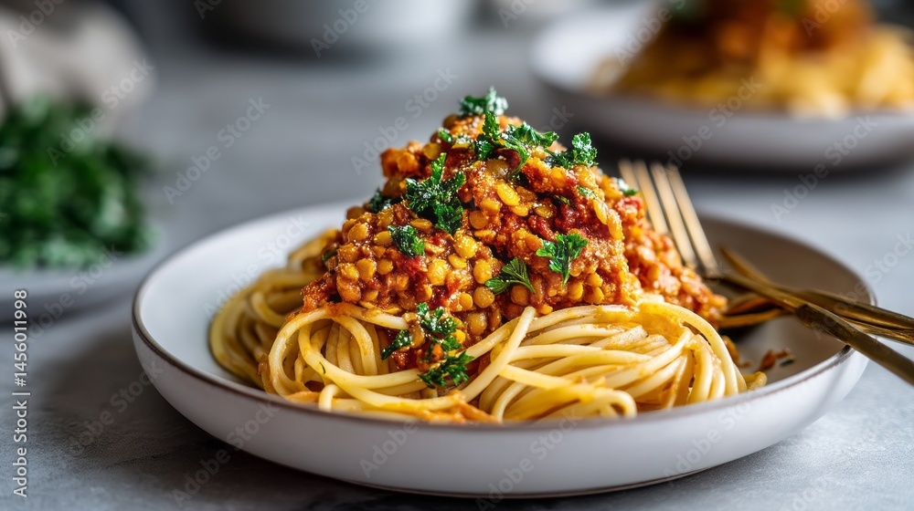 Delicious vegan yellow lentil bolognese is generously piled on a bed of spaghetti. Fresh herbs garnish the dish, adding vibrant color and flavor. Perfect for a wholesome meal Delicious vegan yellow lentil bolognese is generously piled on a bed of spaghetti. Fresh herbs garnish the dish, adding vibrant color and flavor. Perfect for a wholesome meal