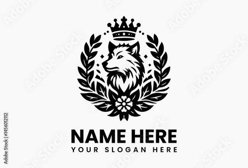 Howling wolf with floating lotus crown, mystical vector logo for yoga studios and spiritual brands 