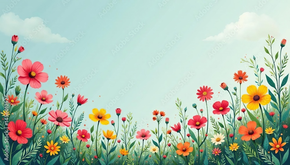 Fototapeta premium Scattered wildflowers, stylized, naive art style, design, background, art