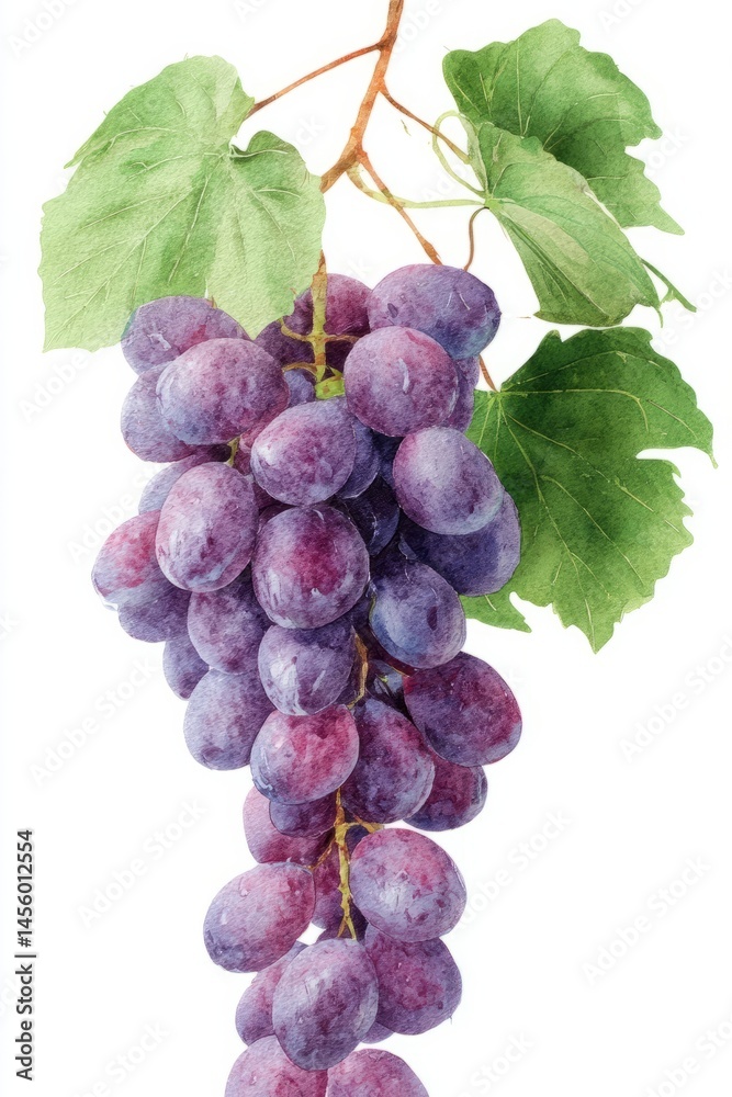 Fototapeta premium Lush purple grapes hang like a watercolor dream, evoking Bacchanalia festivities, autumn harvest traditions, and antioxidant whispers