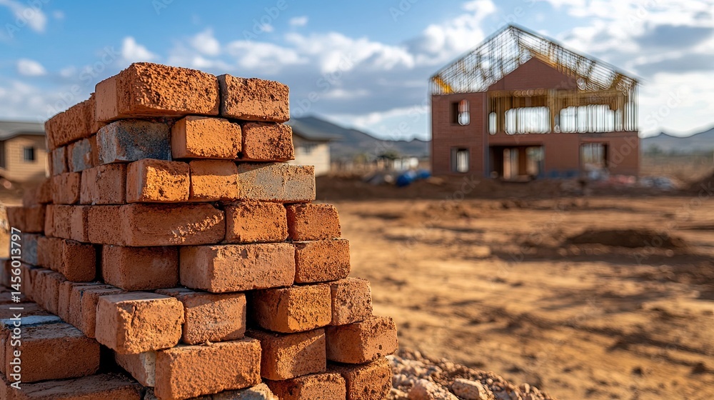 Fototapeta premium Bricks stacked in neat piles on a construction site, with the skeleton of a new house rising in the distance 