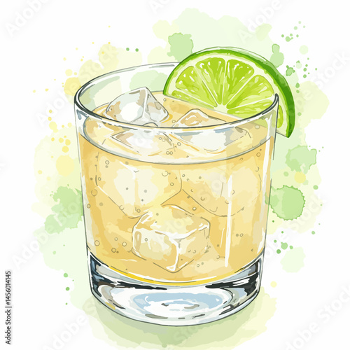 Watercolor illustration of a refreshing citrus beverage served in a glass with a lime garnish. The drink is surrounded by splashes of vibrant color, conveying a feeling of refreshment and zest.