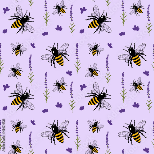 Seamless Pattern of Bees with Lavender on Pastel Background