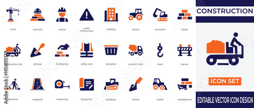 A professional and minimal icon set representing construction and building activities. This collection includes icons for crane, bulldozer, cement mixer, safety vest and blueprints, workers