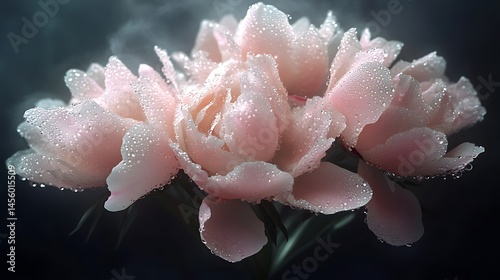 Fototapeta Naklejka Na Ścianę i Meble -  A bouquet of pale pink peonies each petal adorned with delicate beads of dew giving a fresh and airy appearance