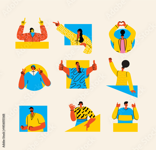 Cute character illustrations of different people with various hand sign, gesture, emotions expression. Outline, thin line art, hand drawn sketch, black and white ink style.