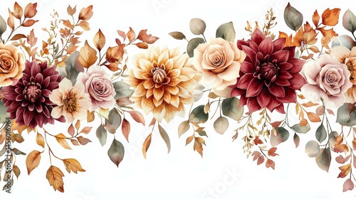 Watercolor Autumn Floral Corner Border Dahlia, Rose and Eucalyptus. Rustic Wedding Frame, Burnt Orange, Terracotta Foliage. Fall Banner Background