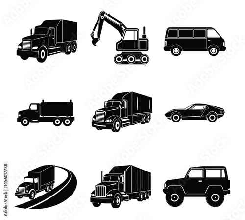Black Silhouette Set of Different Types of Trucks Isolated on White Background, Transport icon collection - vector silhouette,