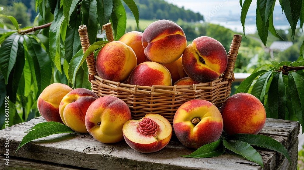 Ripe Peaches Overflowing a Wicker Basket on a Rustic Wooden Tabl