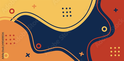 Modern abstract background with fluid shapes and vibrant colors in navy blue, orange, and yellow