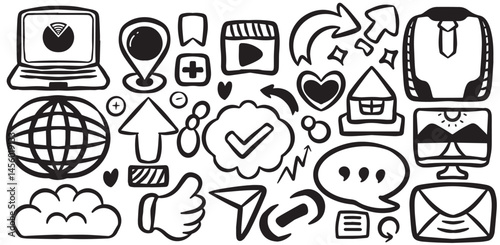 A collection of hand drawn technology and digital communication icons in black and white doodle style