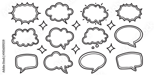 A set of hand-drawn comic-style speech bubbles and starburst icons in black outlines on a white background