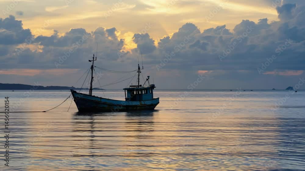 A small fishing boat gently floating in the golden light of sunrise or sunset, reflecting tranquil waters and capturing serene coastal beauty in a peaceful setting. A small fishing boat gently floating in the golden light of sunrise or sunset, reflecting tranquil waters and capturing serene coastal beauty in a peaceful setting.