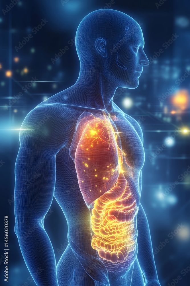 3D Illustration of Human Digestive System Anatomy, Highlighting Organs on Blue Glowing Background 3D Illustration of Human Digestive System Anatomy, Highlighting Organs on Blue Glowing Background