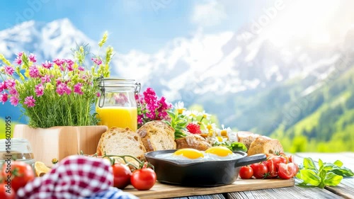 Fresh breakfast setup with eggs, bread, juice, and flowers on a wooden table in sunny alpine landscape, representing healthy lifestyle and summer retreat