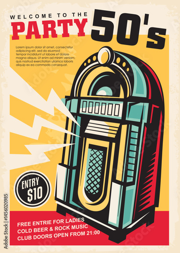 Jukebox graphic vintage music party poster design. Retro sign with colorful jukebox image. Music vector illustration.