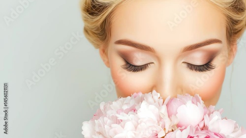 Beautiful young white woman with blue eyes and blonde hair holding pink flowers in soft light, isolated on white background