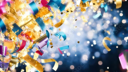 Multicolored confetti pieces burst through the air against a vibrant glowing background, representing celebration, party, and New Year atmosphere