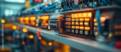 Electrical panel displays rows of terminal blocks, wiring, and connectors, presenting complex industrial control.