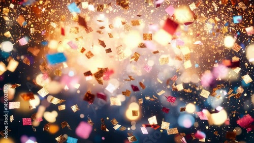 Multicolored confetti pieces burst through the air against a vibrant glowing background, representing celebration, party, and New Year atmosphere