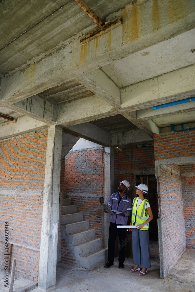 Black male engineer as foreman and Latin female construction inspector wearing construction helmet standing holding walkie talkie talking and consulting on construction of house project