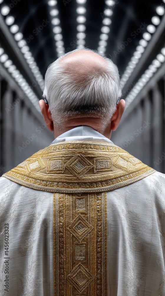 Elderly clergyman in ornate vestments stands solemnly in a grand cathedral, embodying faith and tradition amidst blurred lights.