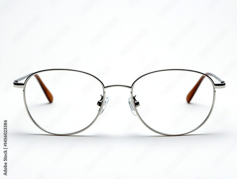 Fototapeta premium Pair of eyeglasses with thin metal frame, isolated on white background, crisp shadows.