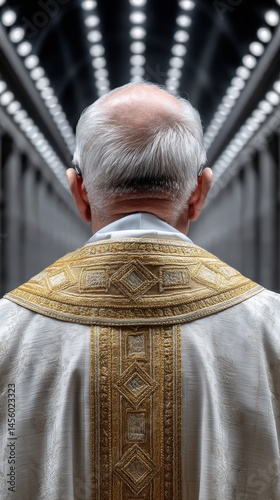 Obraz na płótnie Elderly clergyman in ornate vestments stands solemnly in a grand cathedral, embodying faith and tradition amidst blurred lights. w salonie