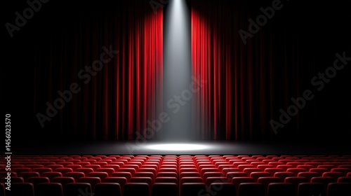 Performance-ready stage with spotlight illuminating closed curtain and red theater chairs, ideal for artistic or cinematic reveals.
