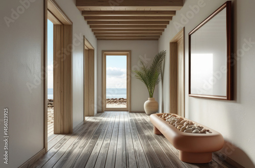Mockup poster frame in modern coastal hallway interior with wood flooring, neutral decor, natural light, minimalist design