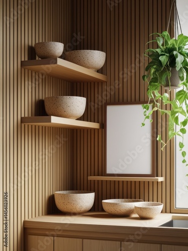 Mockup poster frame in modern wooden kitchen with floating shelves, stone bowls, slatted wood walls, indoor plants, minimalist decor, natural materials