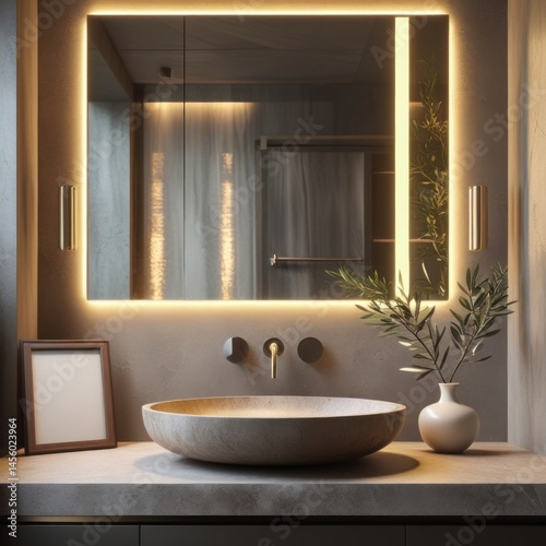 Mockup poster frame on modern bathroom vanity with stone sink, illuminated mirror, minimalist decor
