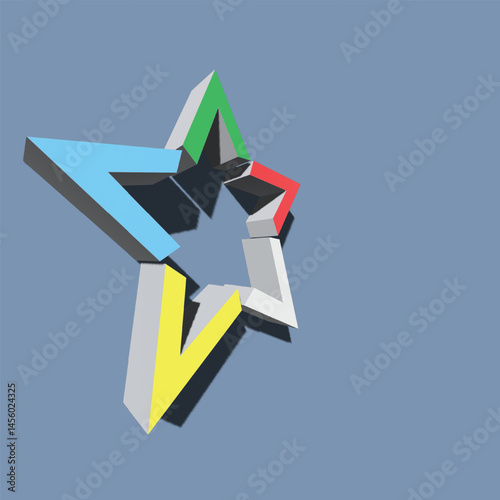 A vibrant, 3D star graphic composed of interconnected, colorful triangular shapes.