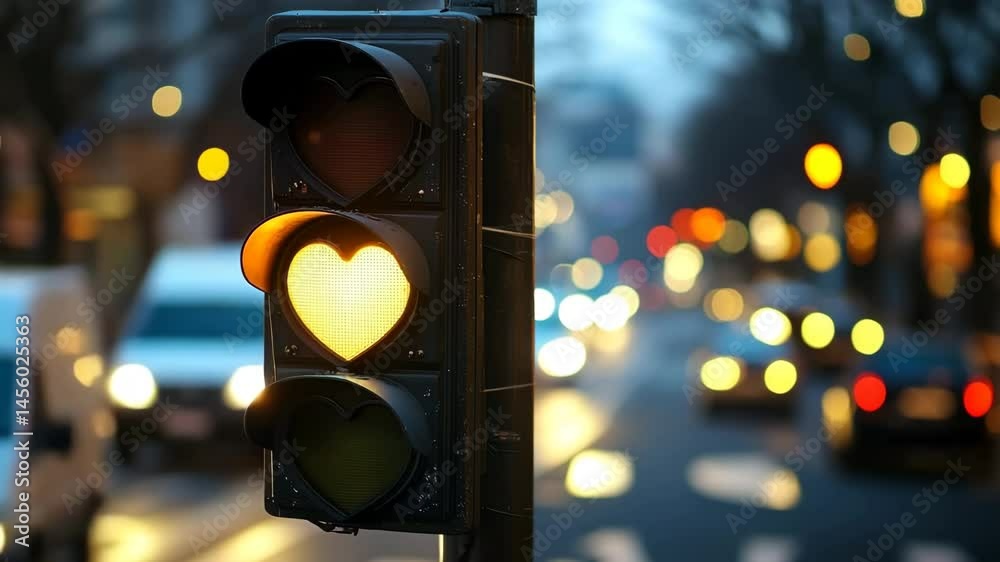 Cute traffic light with heart-shaped signals glowing softly in the city