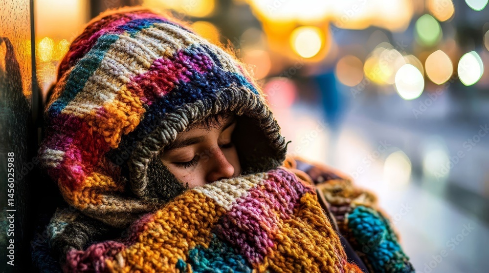 A woman is wearing a colorful knit hat and scarf