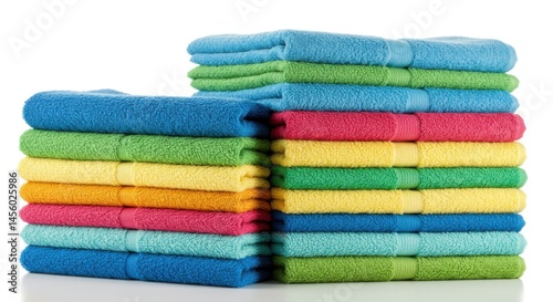 A view of two stacks of colorful and neatly folded terrycloth towels on a white surface close up