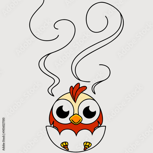 Tiny phoenix emerging from a fiery egg, surrounded by smoke—symbol of rebirth and myth in vivid digital art.