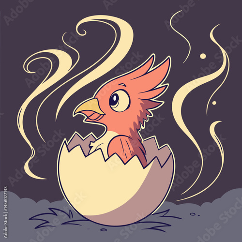 Tiny phoenix emerging from a fiery egg, surrounded by smoke—symbol of rebirth and myth in vivid digital art.