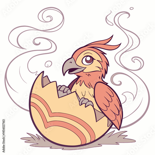 Tiny phoenix emerging from a fiery egg, surrounded by smoke—symbol of rebirth and myth in vivid digital art.