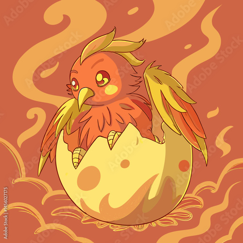 Tiny phoenix emerging from a fiery egg, surrounded by smoke—symbol of rebirth and myth in vivid digital art.