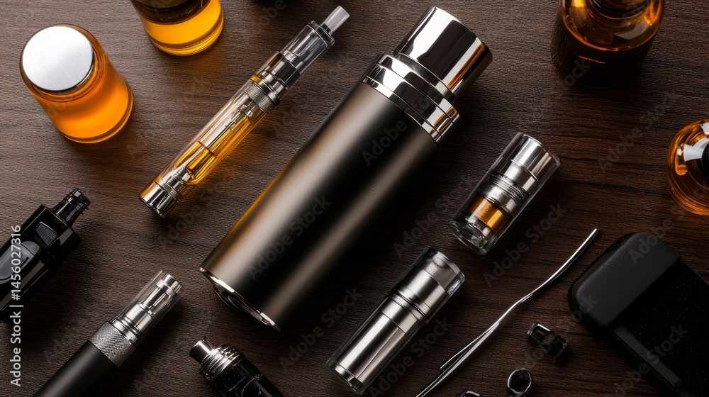 A collection of various smoking paraphernalia including a vape, a pipe