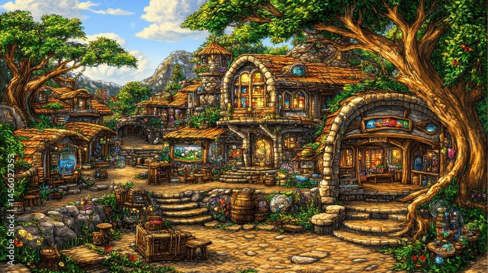 Obraz premium Enchanting village illustration with lush greenery, charming architecture, and a touch of fantasy nestled in a vibrant environment