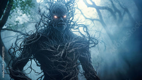 Tree creature, forest monster. Dark figure made of branches and roots in a mysterious forest. Glowing eyes, scary, woodland horror, fantasy.