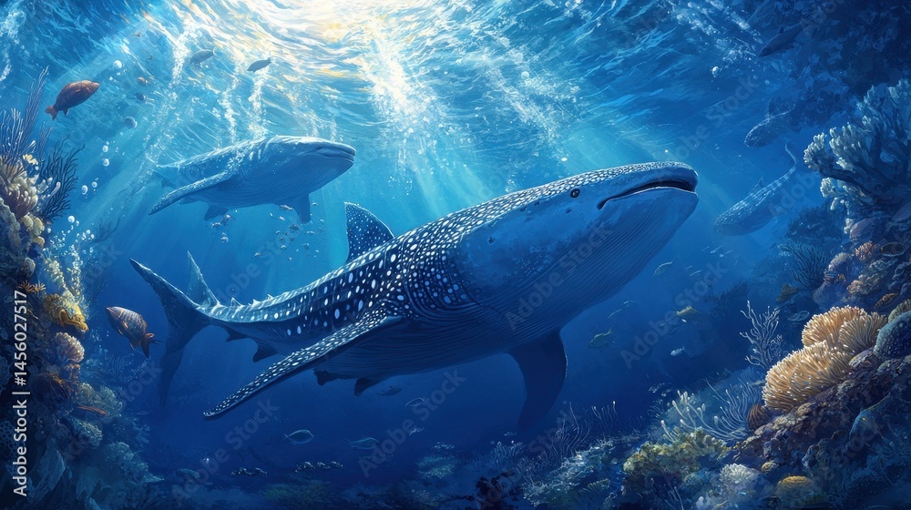 Fototapeta premium Whale Shark Underwater Scene Ocean Wildlife Coral Reef Marine Life