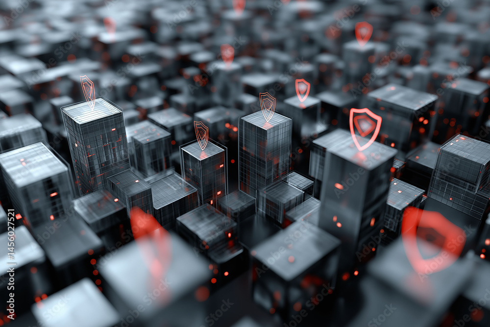 Fototapeta premium Malware prevention ransomware infrastructure. Endpoint vulnerability. Trojan detection. Spyware detection. Zero-day detection. Image of a digital fortress with anti-spyware features.