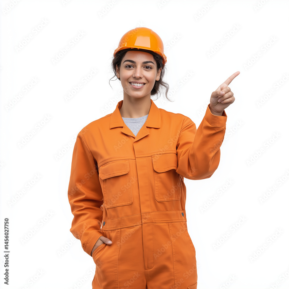Young, smiling woman in a construction worker's uniform and helmet, pointing at something, isolated on a white background. Detailed photograph, stock imagery, professional color gr Young, smiling woman in a construction worker's uniform and helmet, pointing at something, isolated on a white background. Detailed photograph, stock imagery, professional color gr