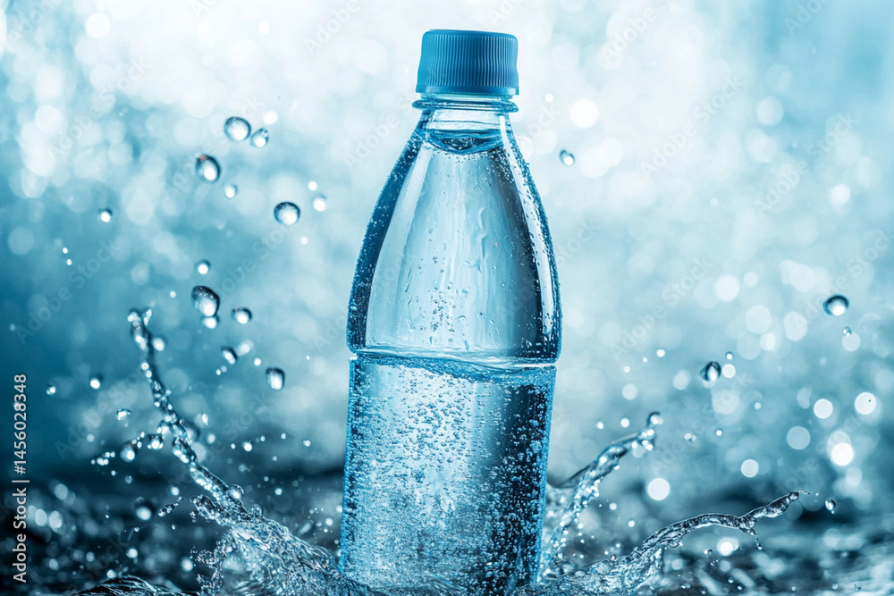 Advertising composition with a bottle of mineral water, refreshing drops and transparency of glass Advertising composition with a bottle of mineral water, refreshing drops and transparency of glass