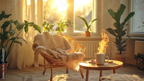 Cozy Scandinavian living room bathed in warm sunlight through large windows, featuring minimalist furniture, soft neutral decor, indoor plants, and a steaming coffee mug on wooden table.